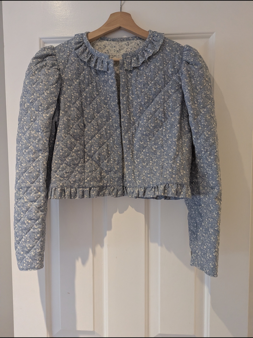 Vintage Blue Floral Quilted Ruffle Jacket